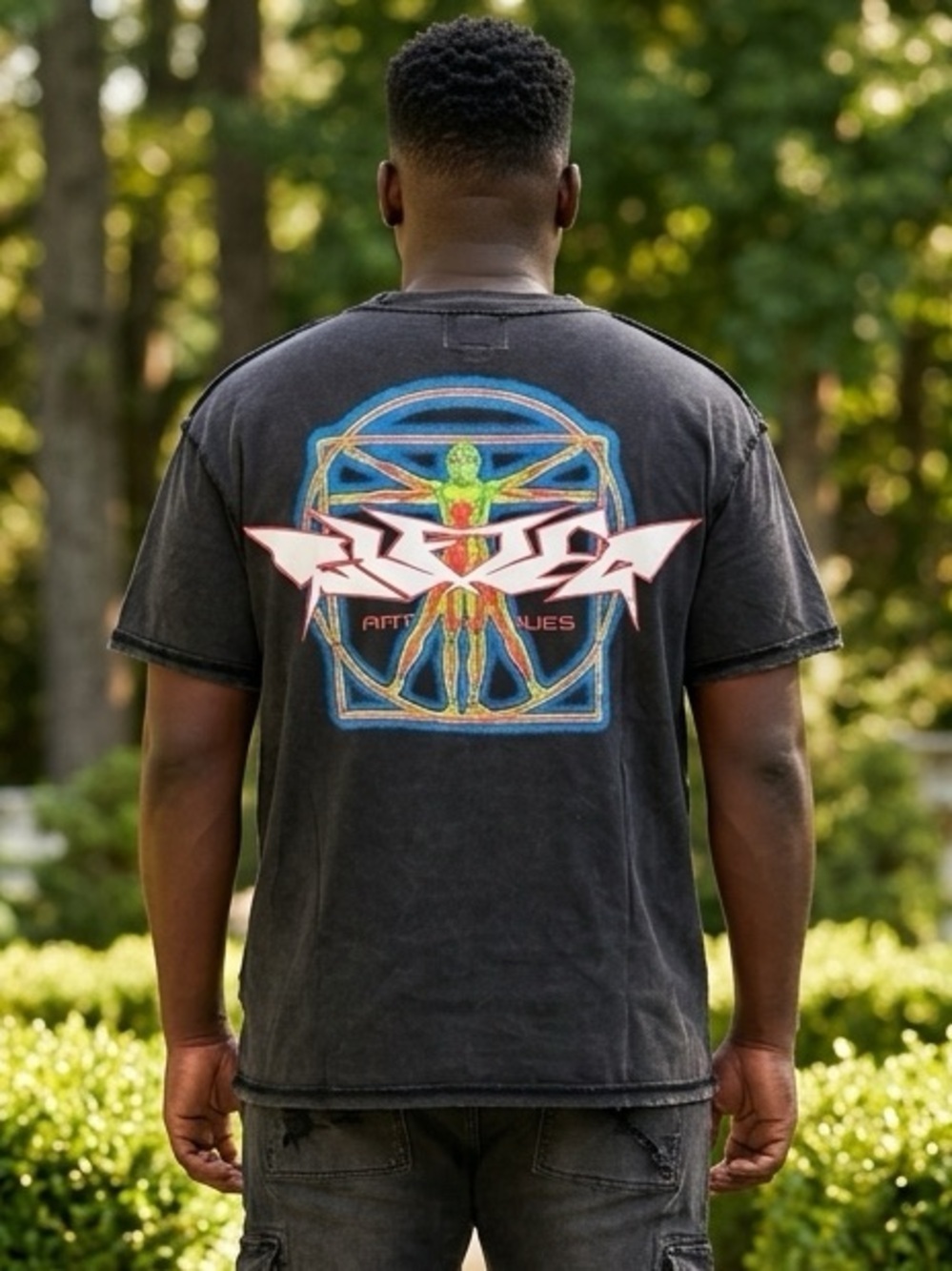 GFTD LA Men’s Vintage Wash Black Graphic Short Sleeve T-Shirt Raw Hem - Size S